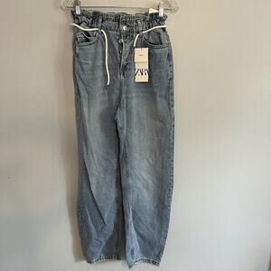 NWT Zara Womens Pull On Jeans Baggy Denim Light Wash Sz 4 Elastic Waistband